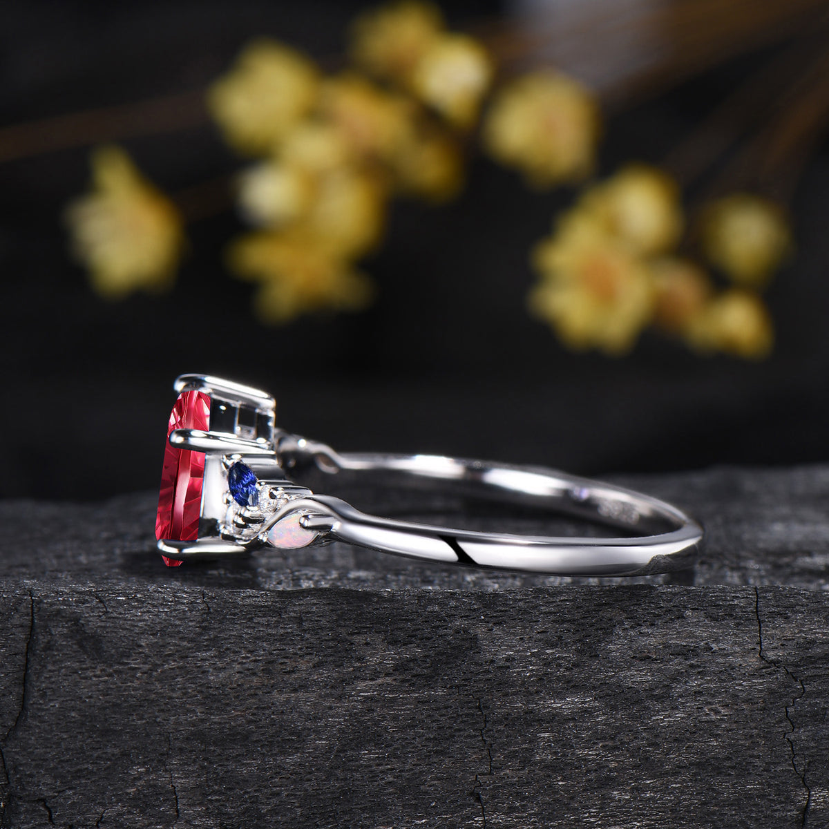 Pear Shaped Fantasy Cut Ruby Engagement Ring,Saphhire Opal Cluster Wedding Ring