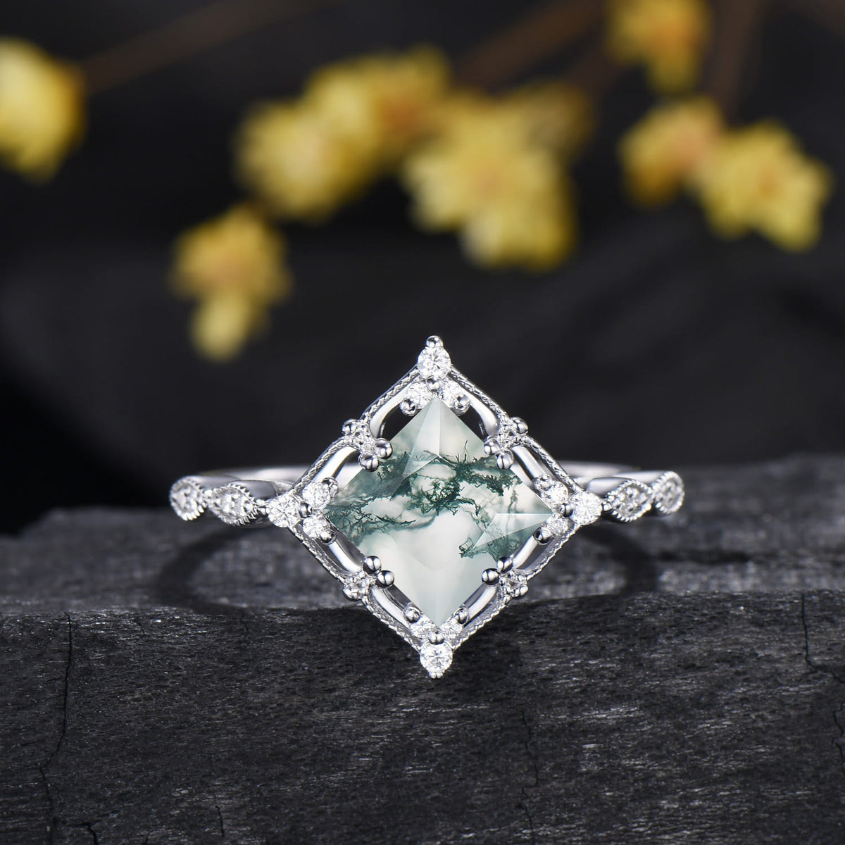 Princess Cut Natural Moss Agate Engagement Ring Moissanite Art Deco Bridal Ring Set