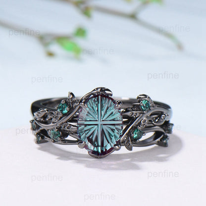 Black Gold Oval Starbrite Alexandrite Engagement Ring Set Nature Inspired Twig Vine Emerald Wedding Bridal Set