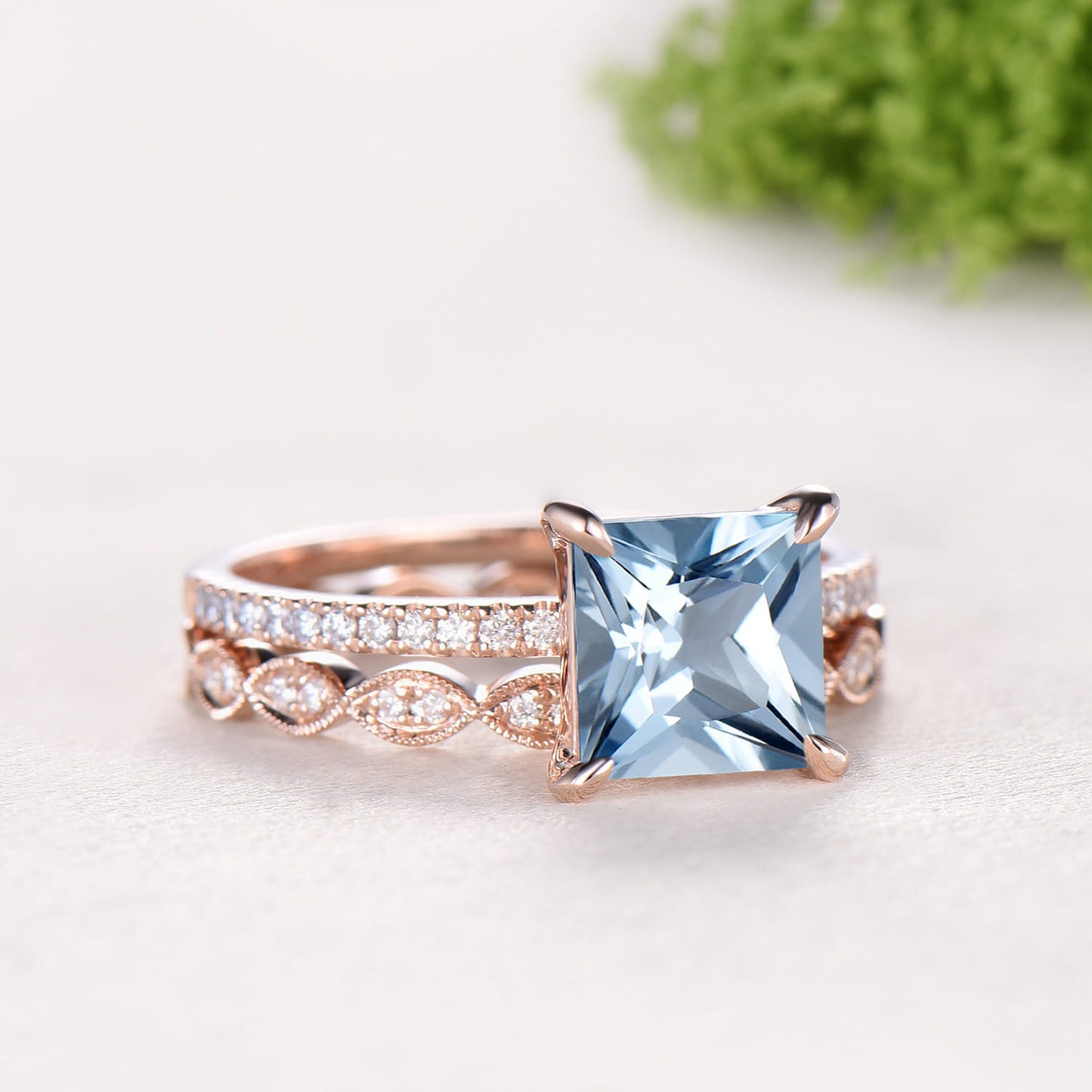 2 Carat Princess Cut Natural Aqumarine Engagement Ring Set, 14K Rose Gold March Birthstone Wedding Set, Art Deco Anniversary Jewelry Gift