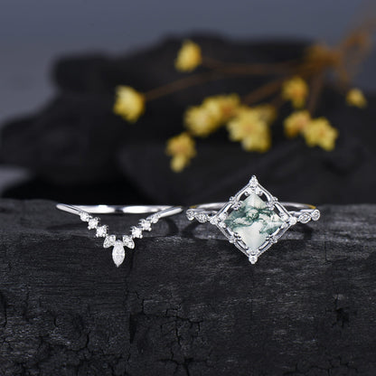 Princess Cut Natural Moss Agate Engagement Ring Moissanite Art Deco Bridal Ring Set