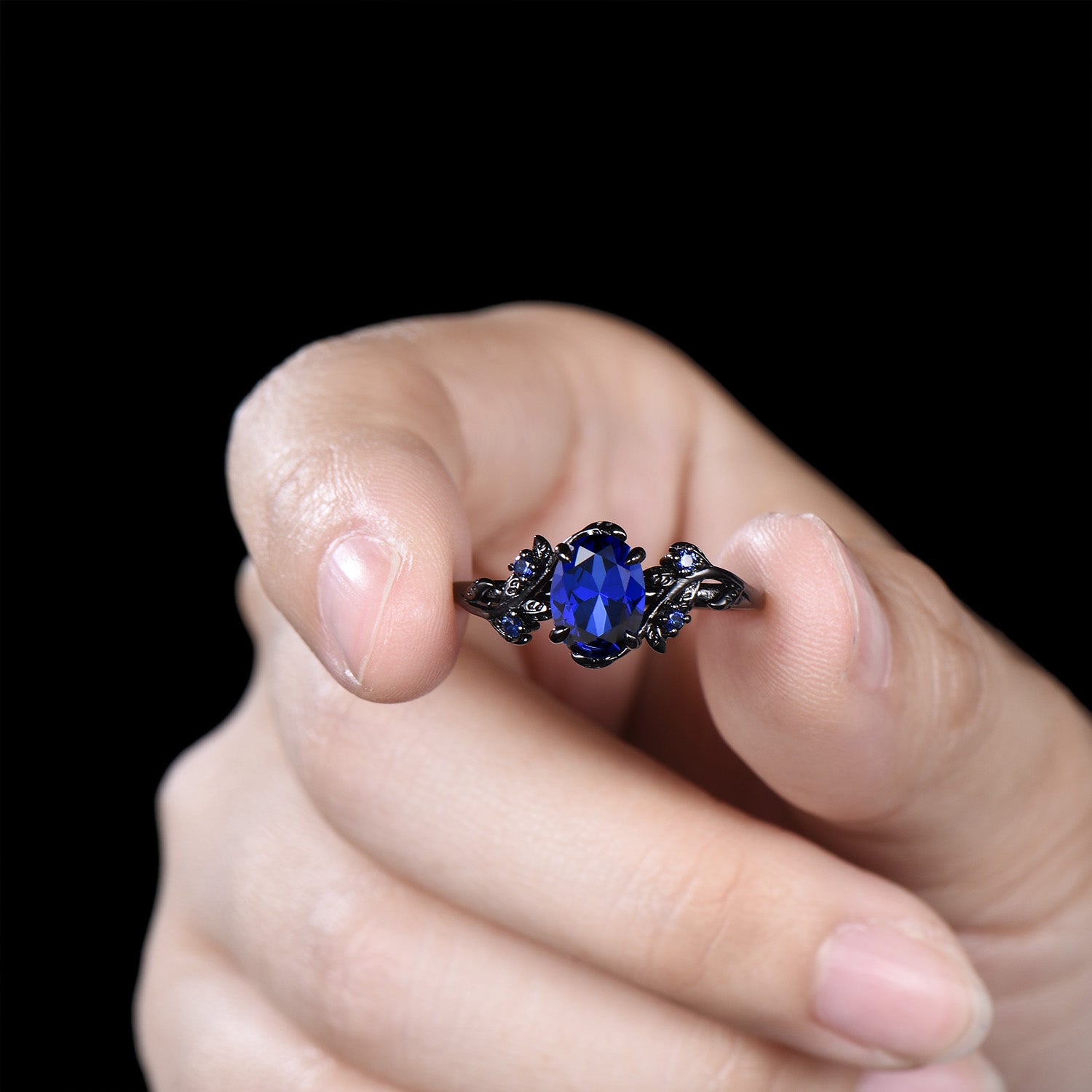 Black gold plated sapphire wedding ring set Gothic silver promise ring