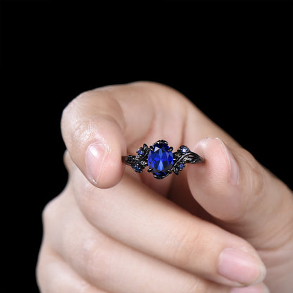 Black gold plated sapphire wedding ring set Gothic silver promise ring