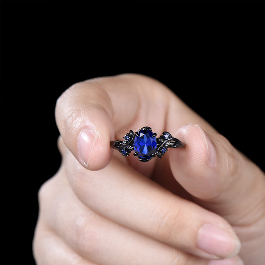 Black gold plated sapphire wedding ring set Gothic silver promise ring
