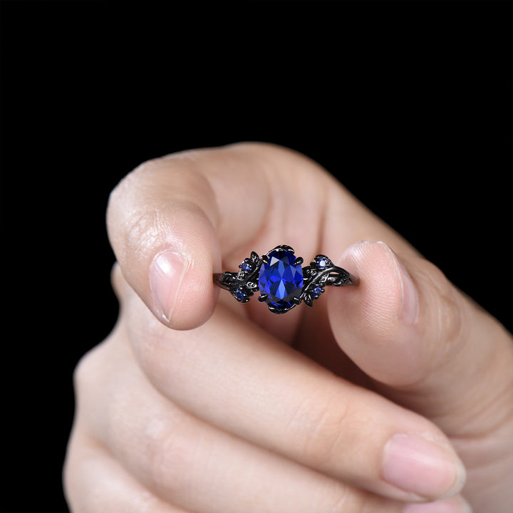 Black gold plated sapphire wedding ring set Gothic silver promise ring