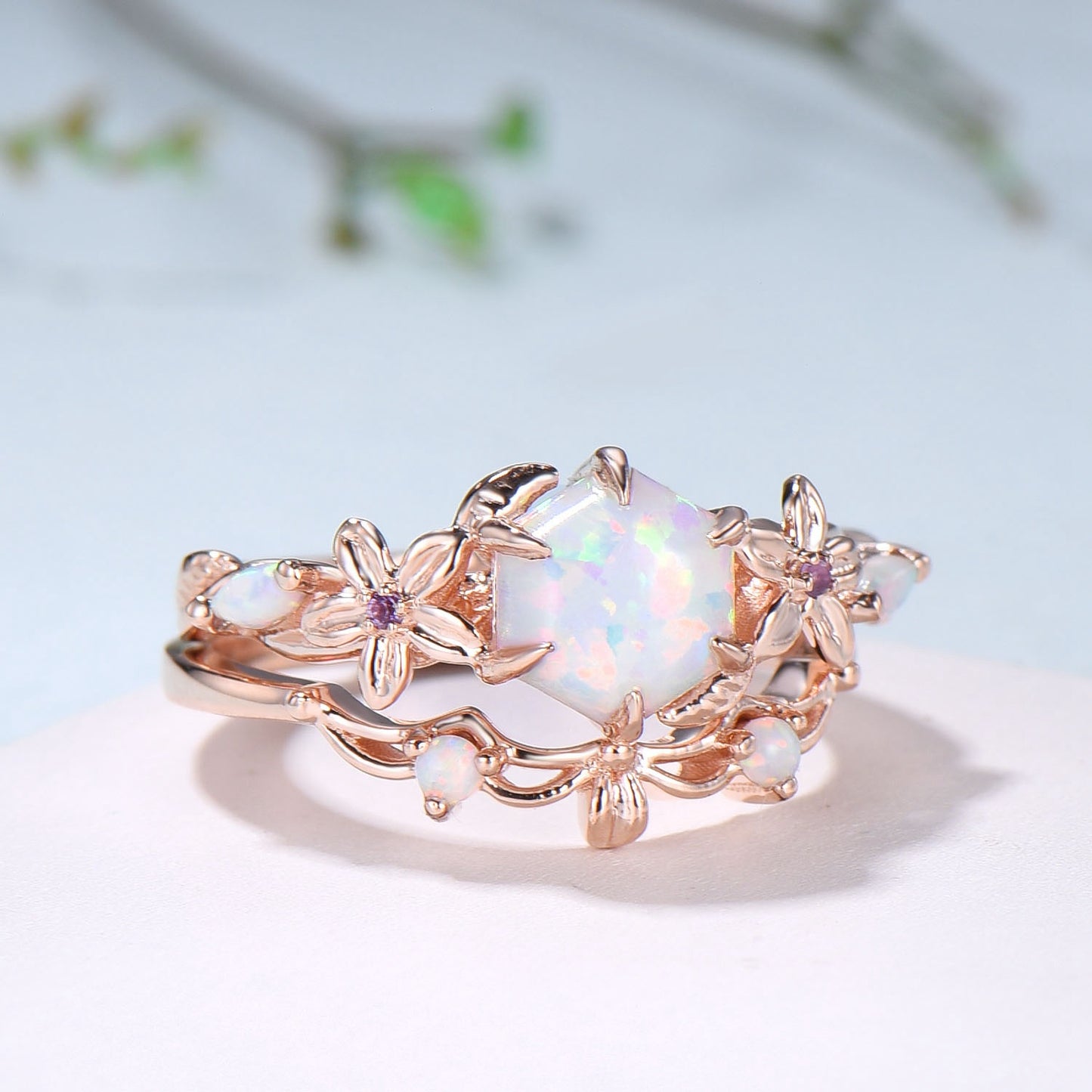 Flower white opal engagement ring set Nature Inspired hexagon fire opal amethyst wedding ring for women vintage cluster leaf bridal set - PENFINE