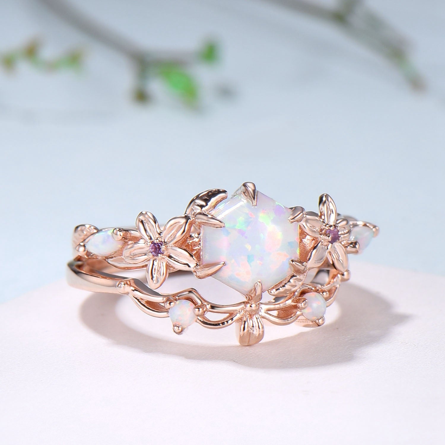 Flower white opal engagement ring set Nature Inspired hexagon fire opal amethyst wedding ring for women vintage cluster leaf bridal set - PENFINE