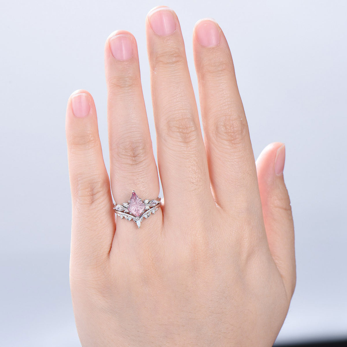 Kite Shaped Fantasy Cut Padparadscha Sapphire Bridal Ring Set Opal Curved Band