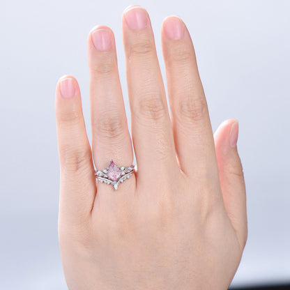 Kite Shaped Fantasy Cut Padparadscha Sapphire Bridal Ring Set Opal Curved Band