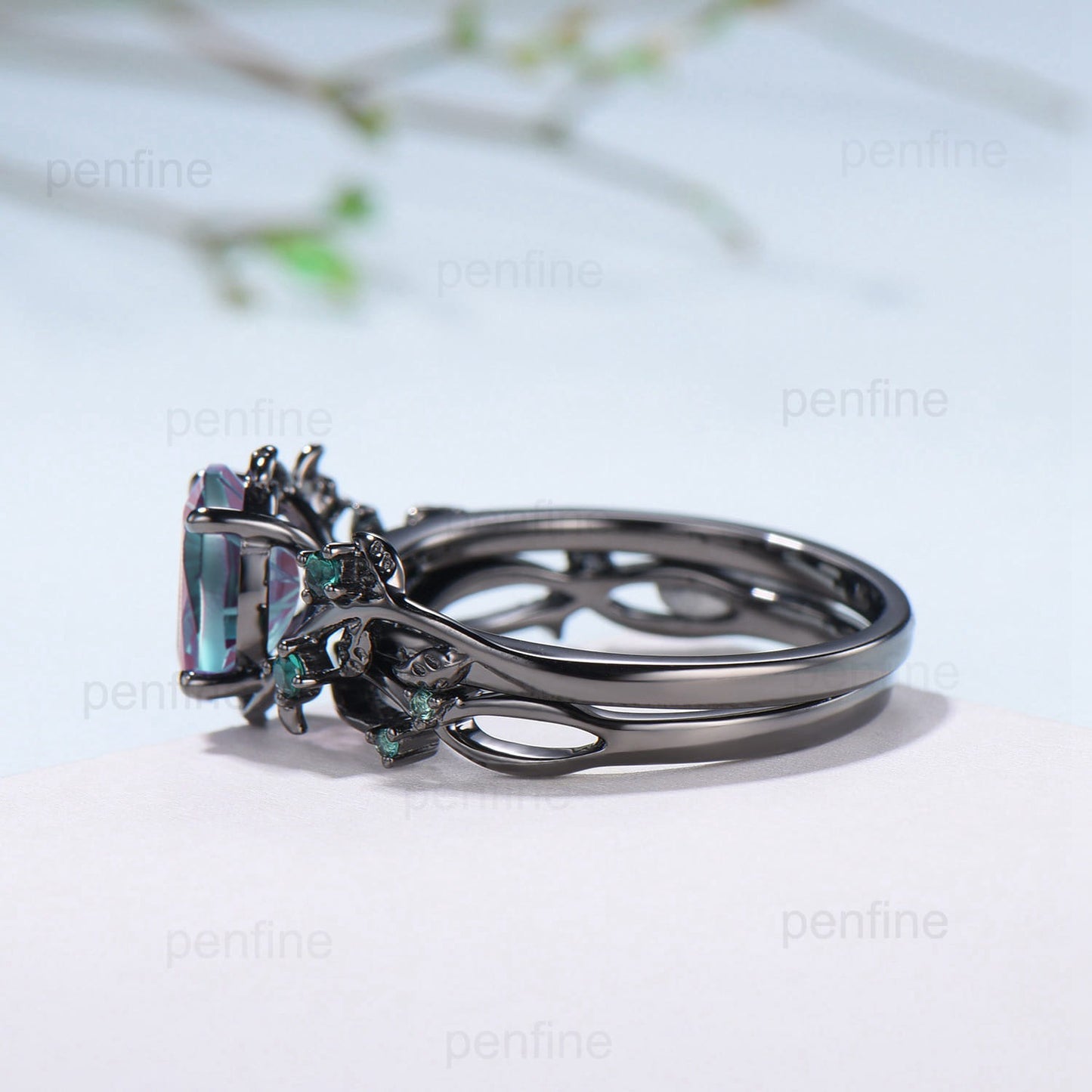 Black Gold Oval Starbrite Alexandrite Engagement Ring Set Nature Inspired Twig Vine Emerald Wedding Bridal Set