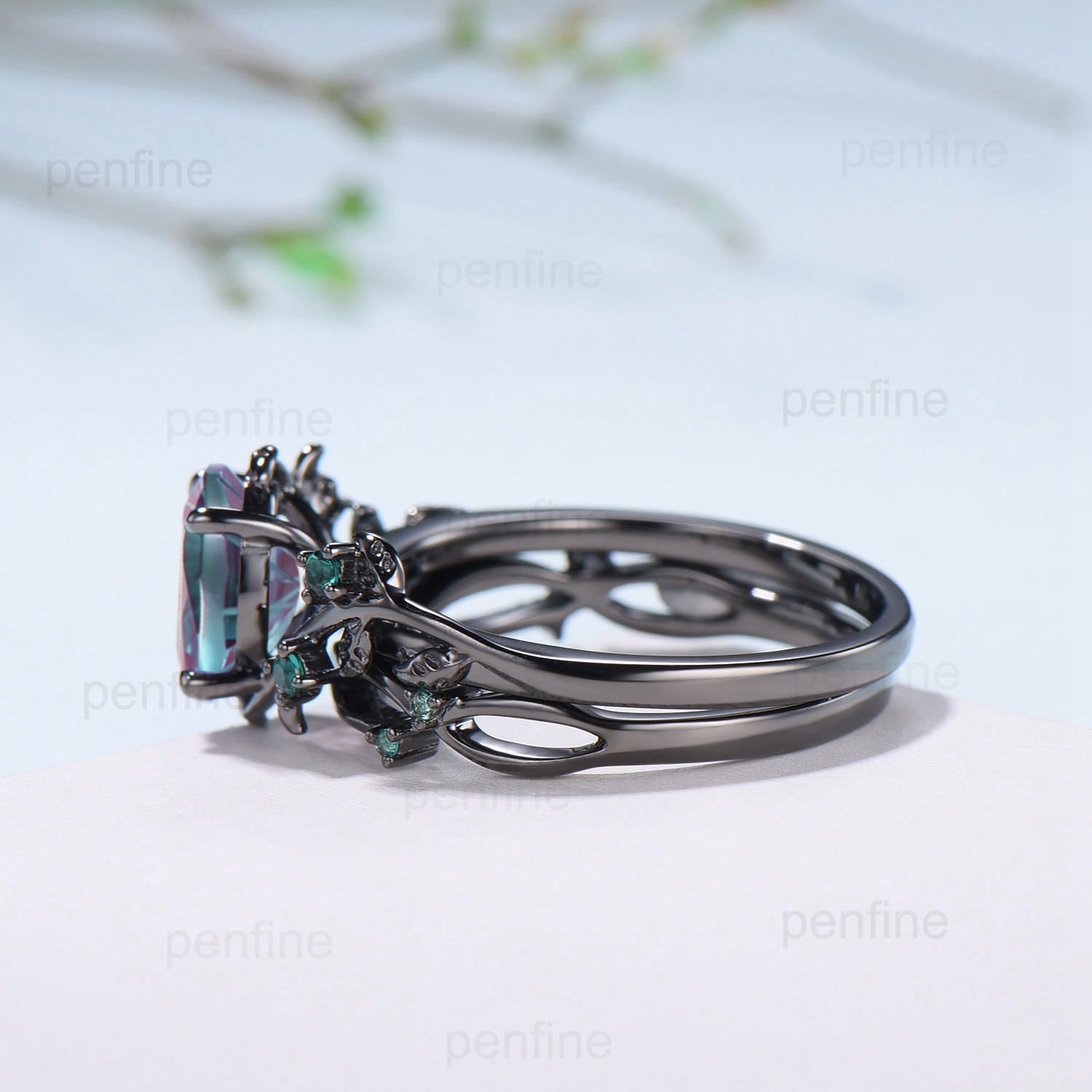 Black Gold Oval Starbrite Alexandrite Engagement Ring Set Nature Inspired Twig Vine Emerald Wedding Bridal Set