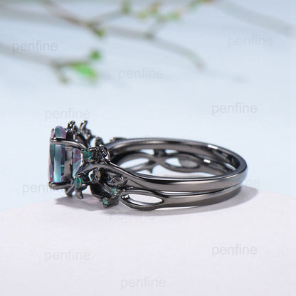 Black Gold Oval Starbrite Alexandrite Engagement Ring Set Nature Inspired Twig Vine Emerald Wedding Bridal Set