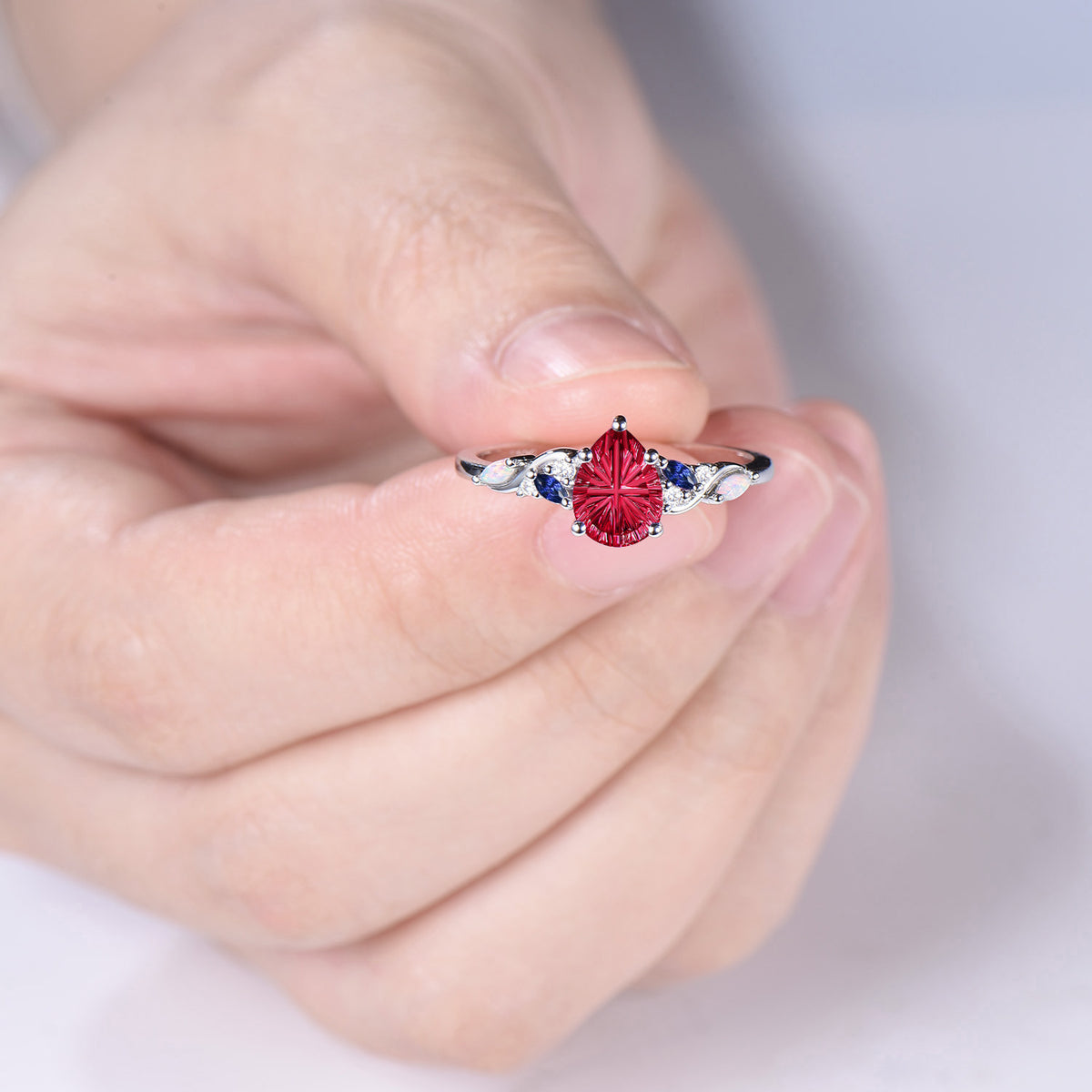 Pear Shaped Fantasy Cut Ruby Engagement Ring,Saphhire Opal Cluster Wedding Ring