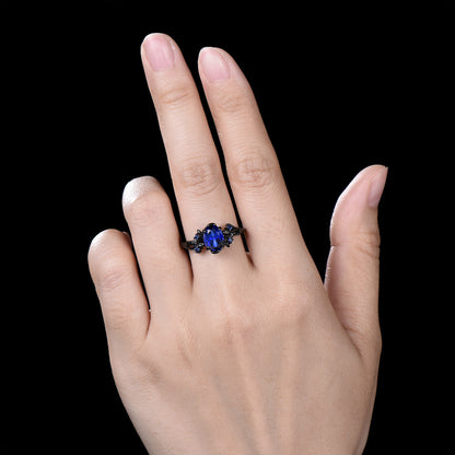 Black gold plated sapphire wedding ring set Gothic silver promise ring
