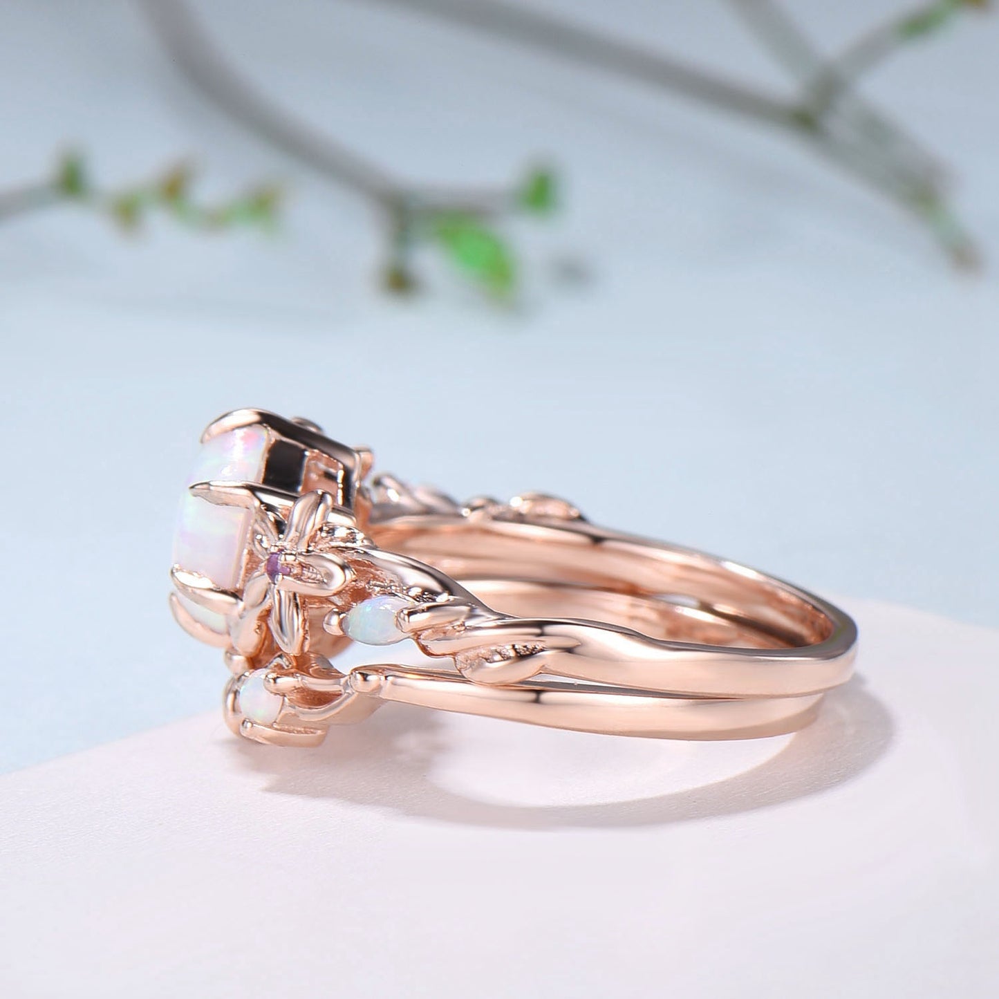 Flower white opal engagement ring set Nature Inspired hexagon fire opal amethyst wedding ring for women vintage cluster leaf bridal set - PENFINE