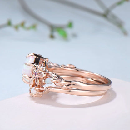 Flower white opal engagement ring set Nature Inspired hexagon fire opal amethyst wedding ring for women vintage cluster leaf bridal set - PENFINE