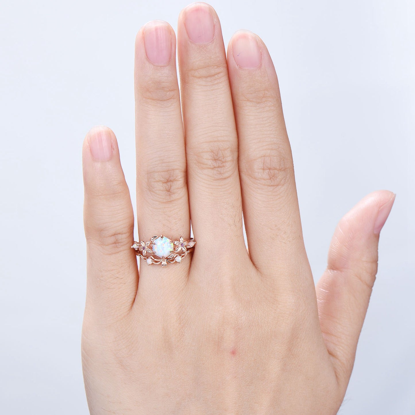 Flower white opal engagement ring set Nature Inspired hexagon fire opal amethyst wedding ring for women vintage cluster leaf bridal set - PENFINE