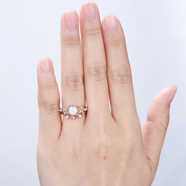 Flower white opal engagement ring set Nature Inspired hexagon fire opal amethyst wedding ring for women vintage cluster leaf bridal set - PENFINE