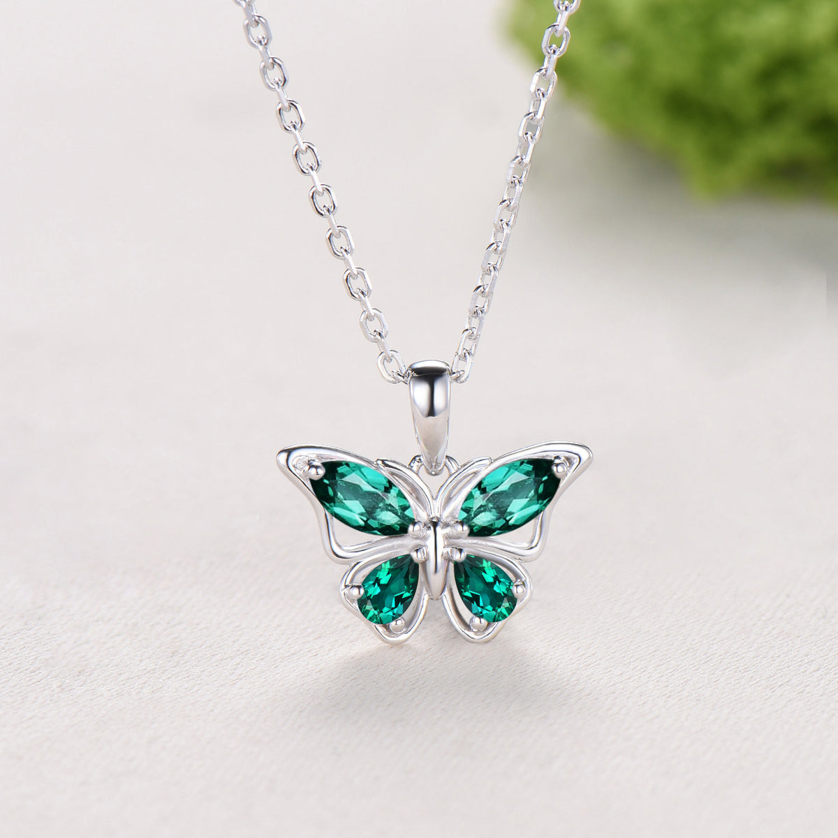 Elegant Marquise Pear Emerald Butterfly Necklace,Emerald Butterfly Stud Earrings, Jewelry Set For Women