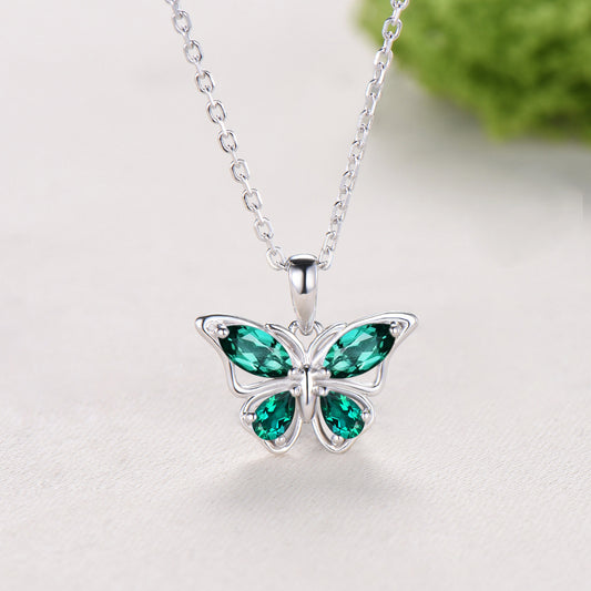 Elegant Marquise Pear Emerald Butterfly Necklace,Emerald Butterfly Stud Earrings, Jewelry Set For Women