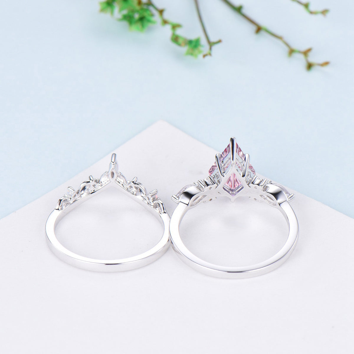 Kite Shaped Fantasy Cut Padparadscha Sapphire Bridal Ring Set Opal Curved Band