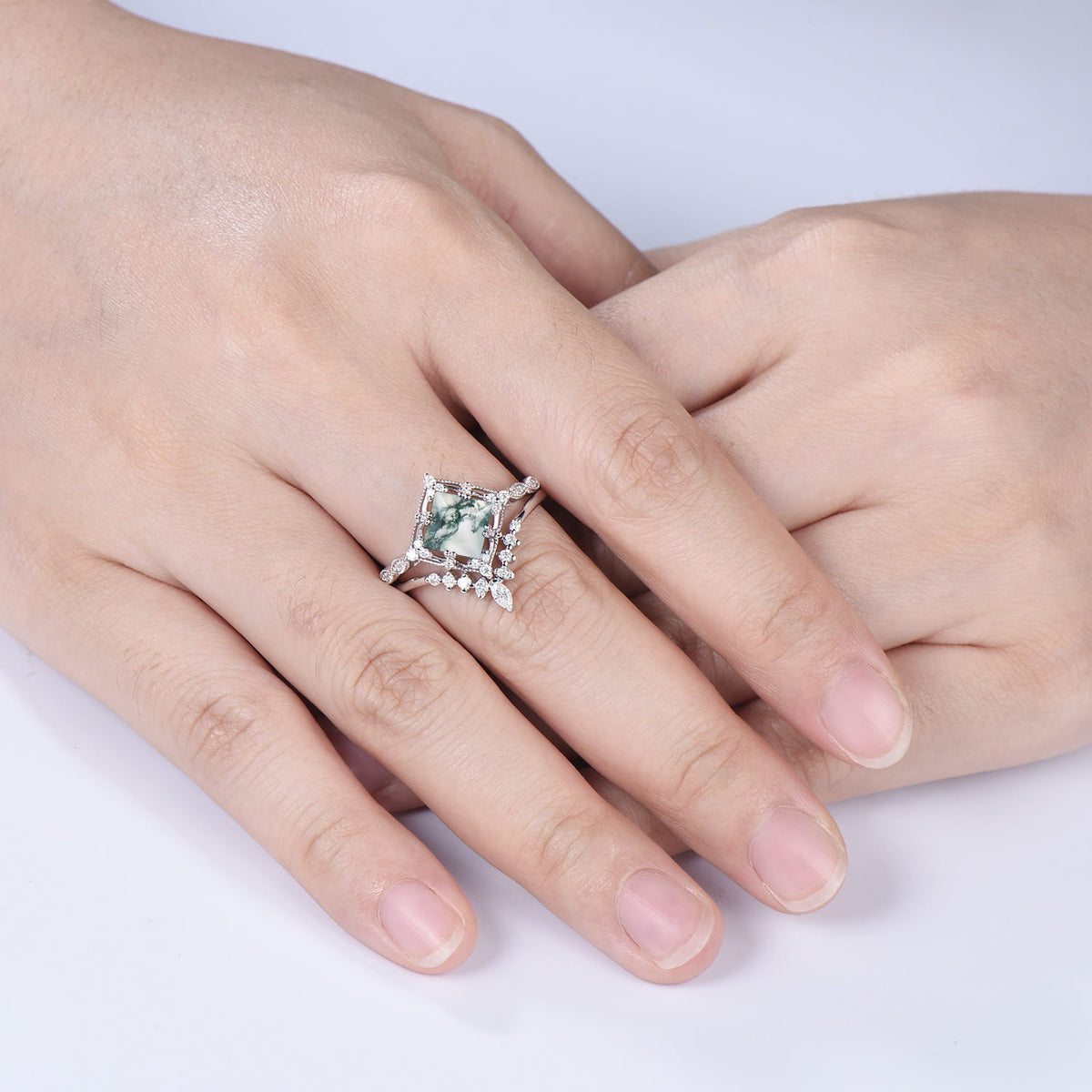 Princess Cut Natural Moss Agate Engagement Ring Moissanite Art Deco Bridal Ring Set