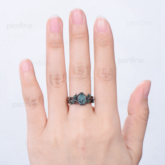 Black Gold Oval Starbrite Alexandrite Engagement Ring Set Nature Inspired Twig Vine Emerald Wedding Bridal Set