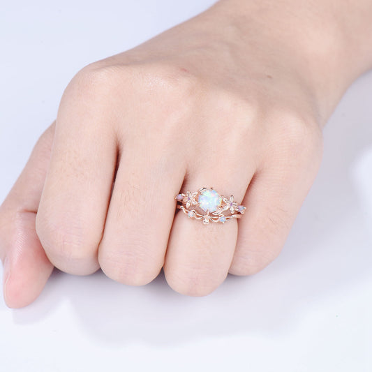 Flower white opal engagement ring set Nature Inspired hexagon fire opal amethyst wedding ring for women vintage cluster leaf bridal set - PENFINE