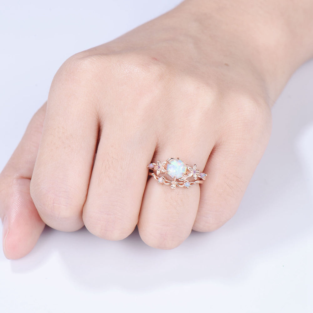 Flower white opal engagement ring set Nature Inspired hexagon fire opal amethyst wedding ring for women vintage cluster leaf bridal set - PENFINE