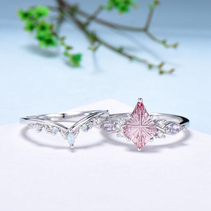 Kite Shaped Fantasy Cut Padparadscha Sapphire Bridal Ring Set Opal Curved Band