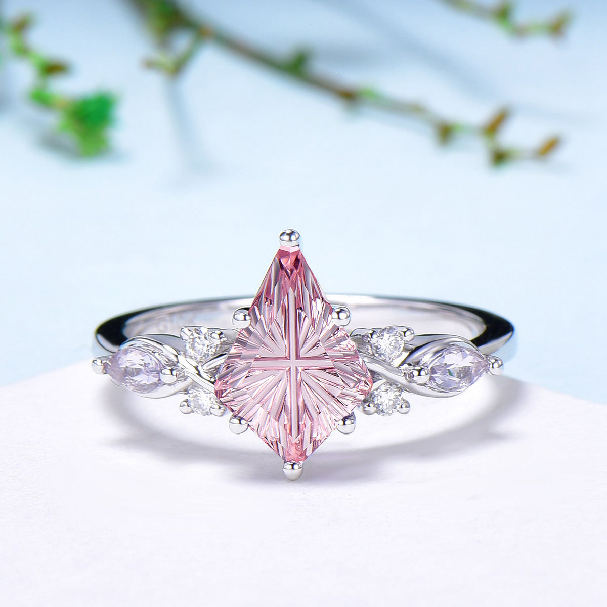 Kite Shaped Fantasy Cut Padparadscha Sapphire Bridal Ring Set Opal Curved Band