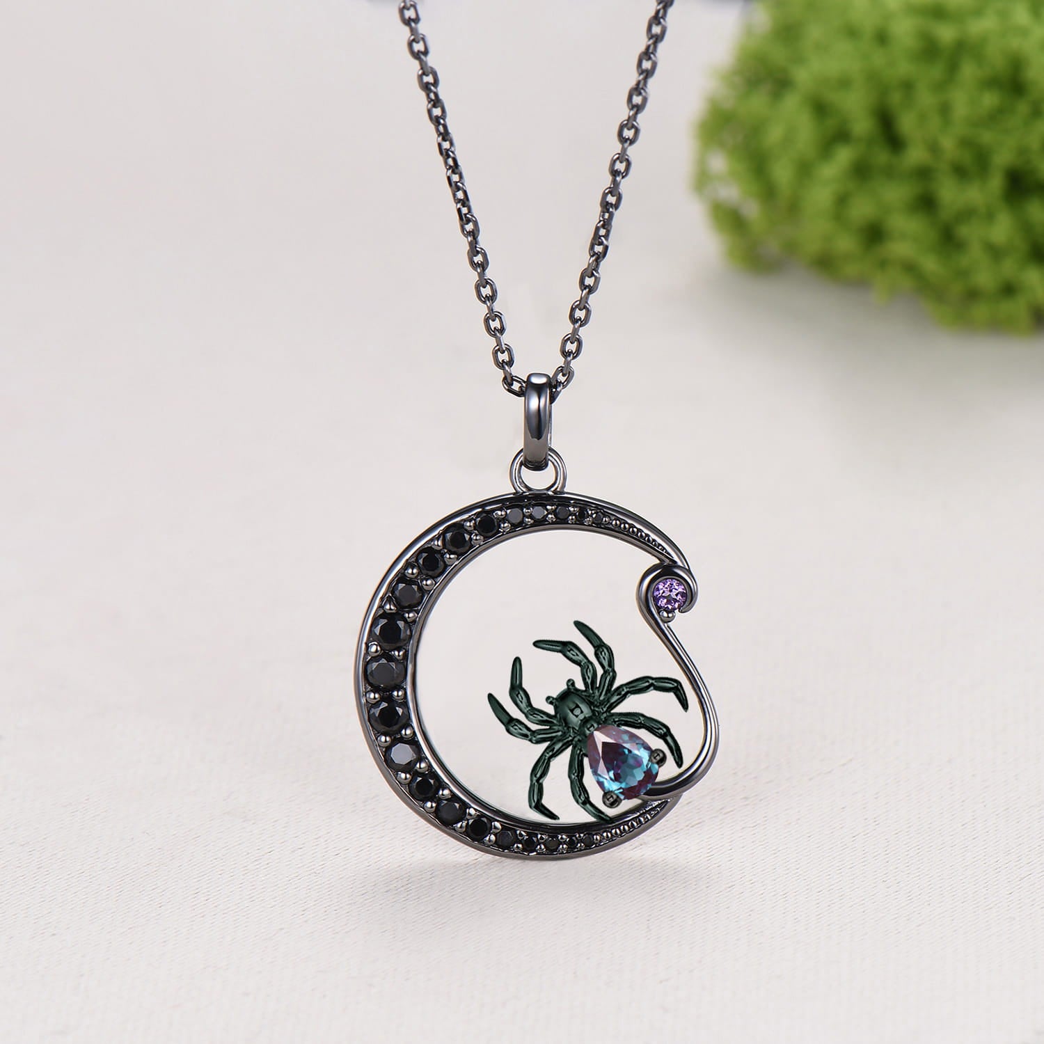 Unique Gothic Spider Crescent Moon Alexandrite Necklace Black Gold Amethyst Pendant Halloween Spider Web Cool Jewelry Celestial Gift for Her