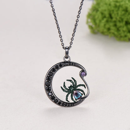 Unique Gothic Spider Crescent Moon Alexandrite Necklace Black Gold Amethyst Pendant Halloween Spider Web Cool Jewelry Celestial Gift for Her