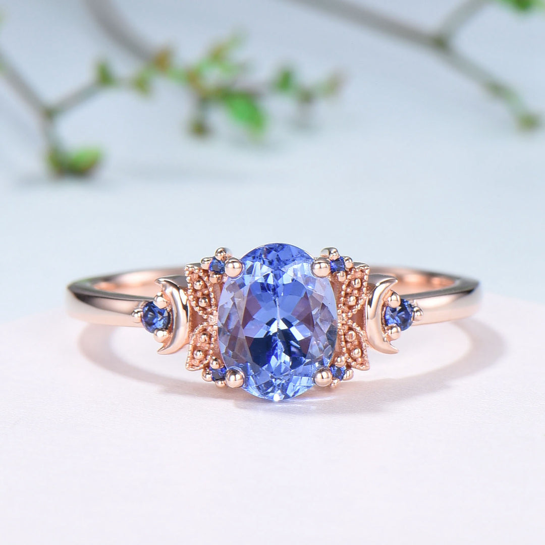 Unique Oval Natural Tanzanite Engagement Ring Cluster Sapphire Moon Wedding Ring Floral 14K Rose Gold Handmade Anniversary Proposal Gift - PENFINE