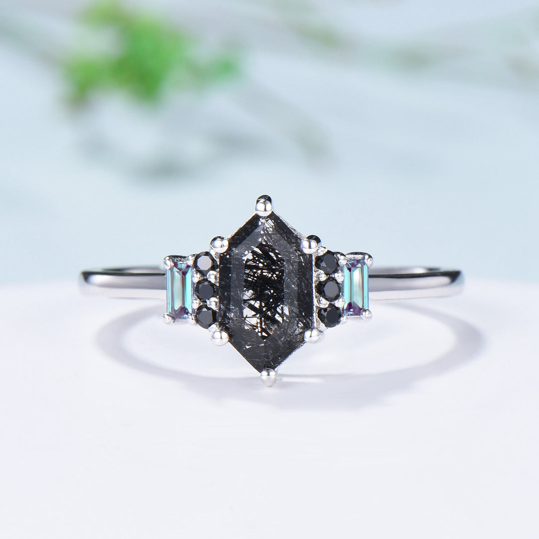 Vintage Long Hexagon Black Rutilated Quartz Engagement Ring  Black Gemstone Baguette Alexandrite Cluster Ring Unique Wedding Bridal Gift - PENFINE
