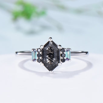 Vintage Long Hexagon Black Rutilated Quartz Engagement Ring  Black Gemstone Baguette Alexandrite Cluster Ring Unique Wedding Bridal Gift - PENFINE