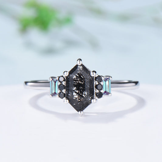 Vintage Long Hexagon Black Rutilated Quartz Engagement Ring  Black Gemstone Baguette Alexandrite Cluster Ring Unique Wedding Bridal Gift - PENFINE