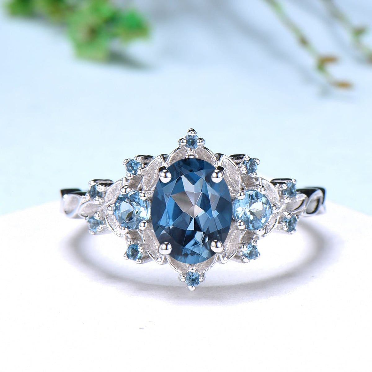 Vintage Oval London Blue Topaz Engagement Ring, Leaf Vine Blue Gemstone Cluster Ring, Flower Halo Promise Ring, Anniversary Gift for Her