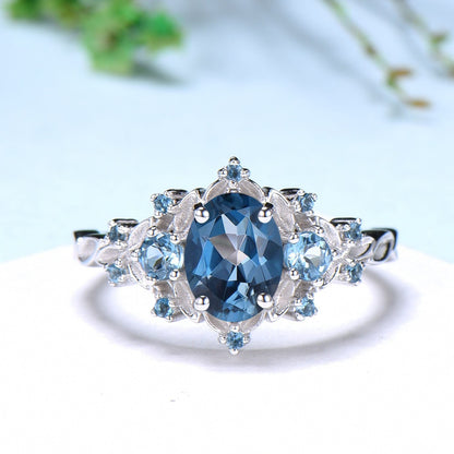 Vintage Oval London Blue Topaz Engagement Ring, Leaf Vine Blue Gemstone Cluster Ring, Flower Halo Promise Ring, Anniversary Gift for Her