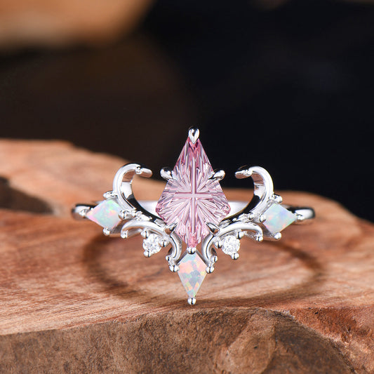 Art Deco Fantasy Cut Kite Shaped Padparadscha Sapphire Engagement Ring,White Opal Accent Ring
