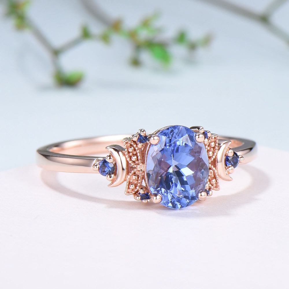 Unique Oval Natural Tanzanite Engagement Ring Cluster Sapphire Moon Wedding Ring Floral 14K Rose Gold Handmade Anniversary Proposal Gift - PENFINE