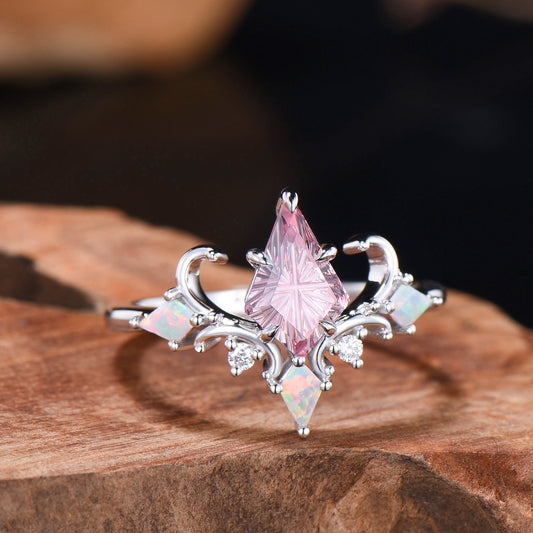 Art Deco Fantasy Cut Kite Shaped Padparadscha Sapphire Engagement Ring,White Opal Accent Ring