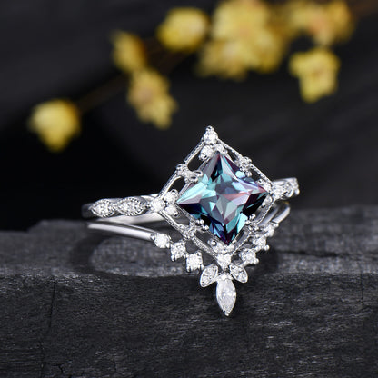 Princess Cut Color-change Alexandrite Engagement Ring Moissanite Curved Band Art Deco Bridal Set