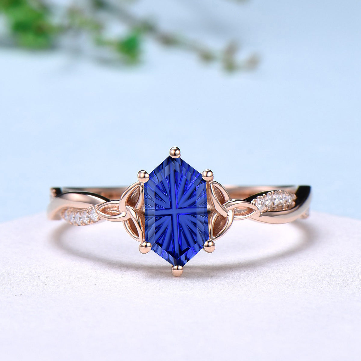 Long Hexagon Shaped Fantasy Cut Blue Sapphire Celtic Knot Engagement Ring
