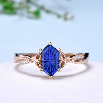 Long Hexagon Shaped Fantasy Cut Blue Sapphire Celtic Knot Engagement Ring