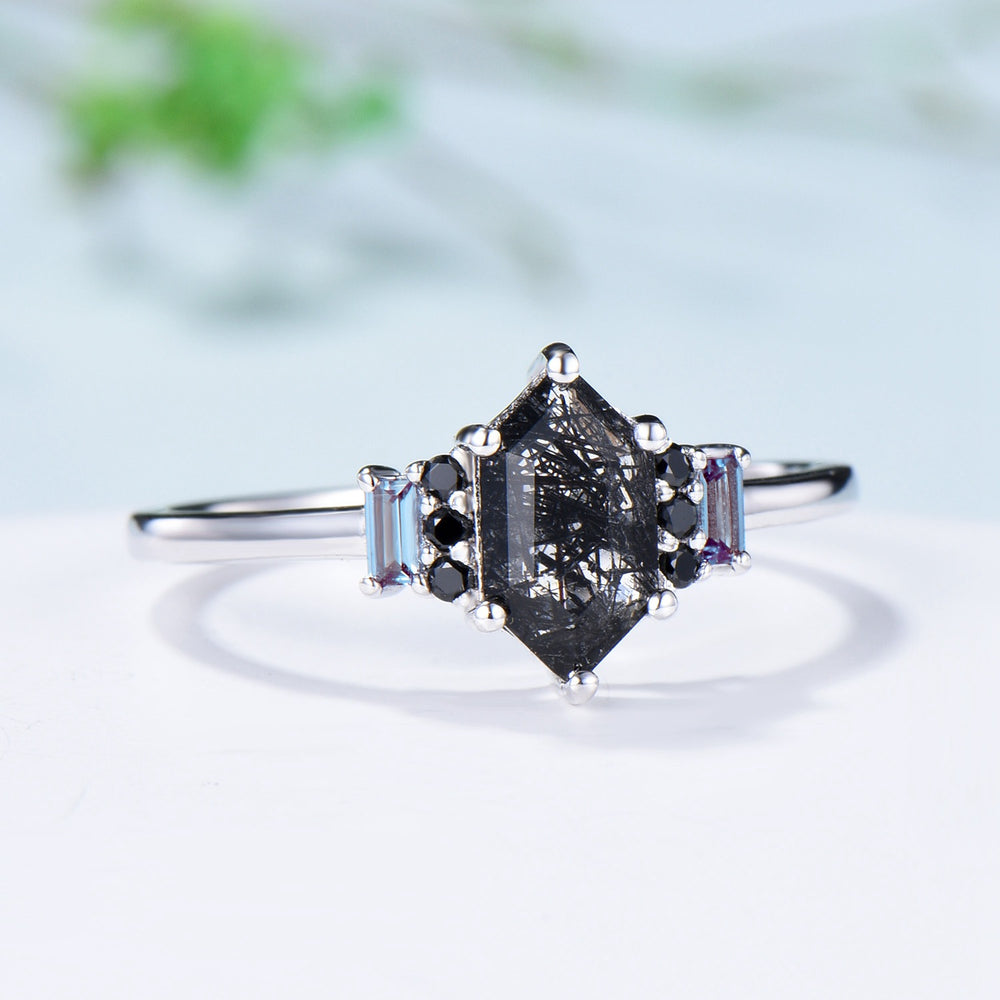 Vintage Long Hexagon Black Rutilated Quartz Engagement Ring  Black Gemstone Baguette Alexandrite Cluster Ring Unique Wedding Bridal Gift - PENFINE