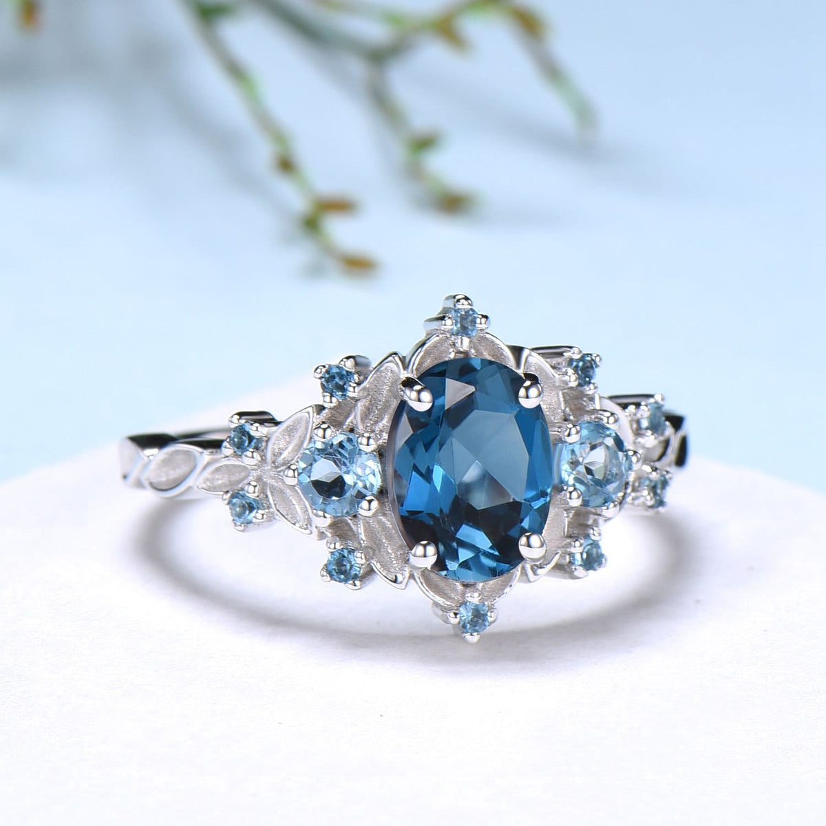 Vintage Oval London Blue Topaz Engagement Ring, Leaf Vine Blue Gemstone Cluster Ring, Flower Halo Promise Ring, Anniversary Gift for Her