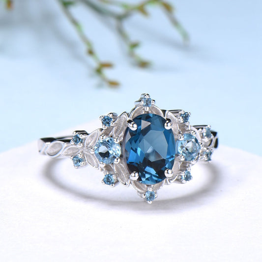 Vintage Oval London Blue Topaz Engagement Ring, Leaf Vine Blue Gemstone Cluster Ring, Flower Halo Promise Ring, Anniversary Gift for Her