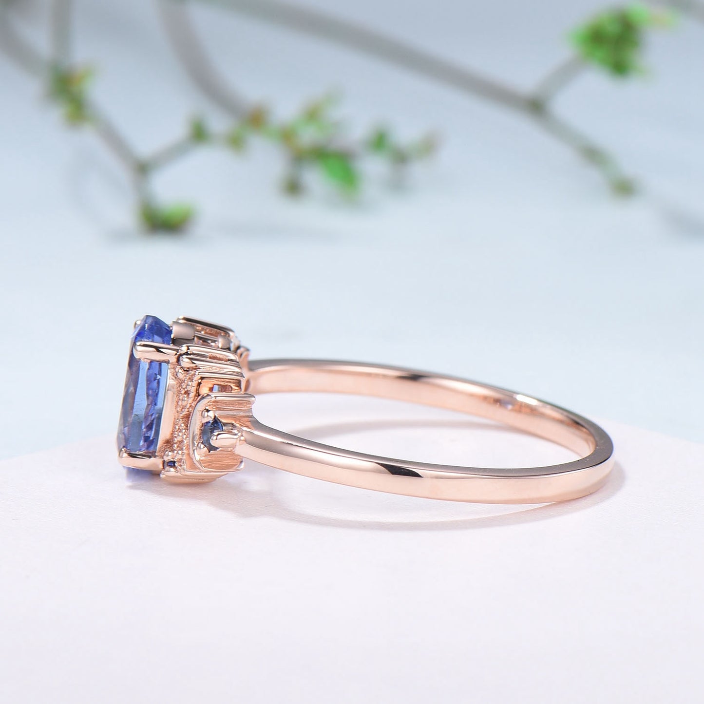 Unique Oval Natural Tanzanite Engagement Ring Cluster Sapphire Moon Wedding Ring Floral 14K Rose Gold Handmade Anniversary Proposal Gift - PENFINE