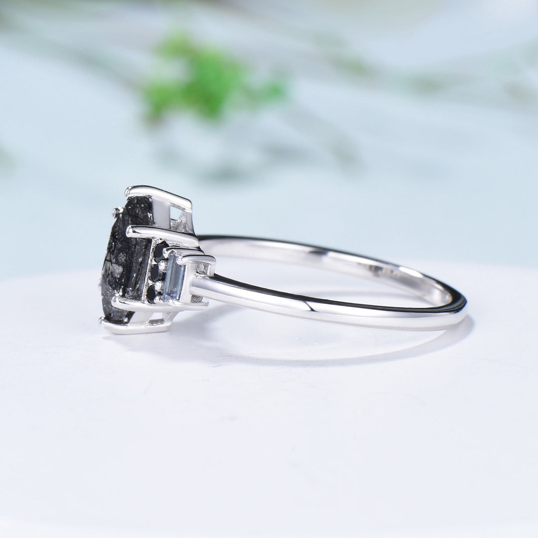 Vintage Long Hexagon Black Rutilated Quartz Engagement Ring  Black Gemstone Baguette Alexandrite Cluster Ring Unique Wedding Bridal Gift - PENFINE